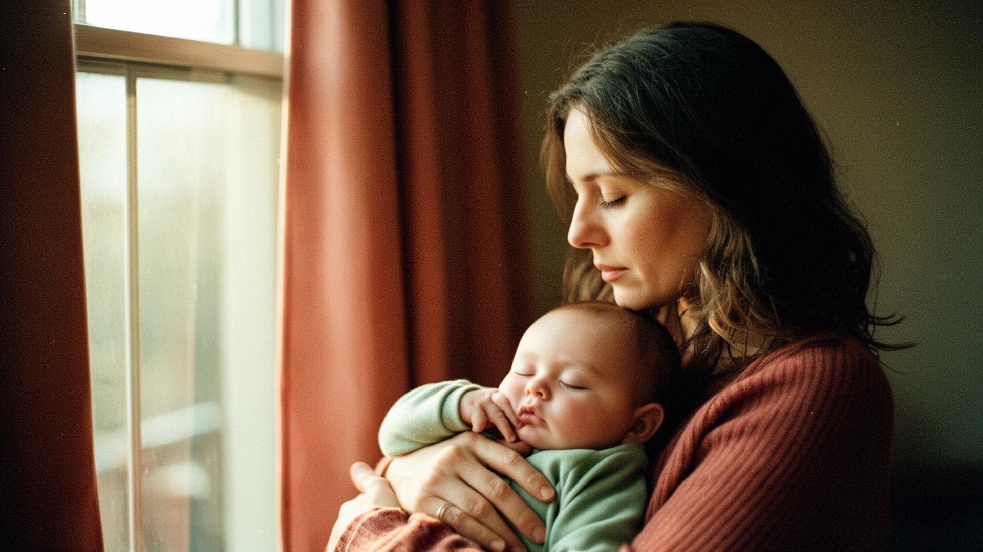 A mother holding her sleeping baby in soft morning light